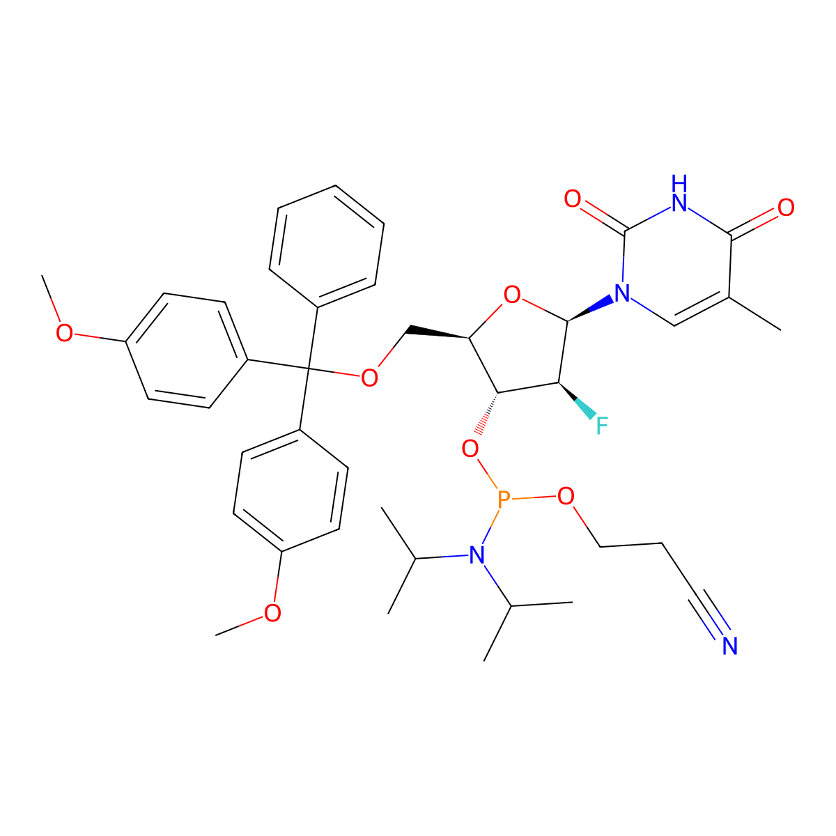 1-(2'-Deoxy-5'-O-DMT-2'-fluoro-b-D-arabinofuranosyl)thymine 3'-CE phosphoramidite molecular structure, CAS 208193-48-0