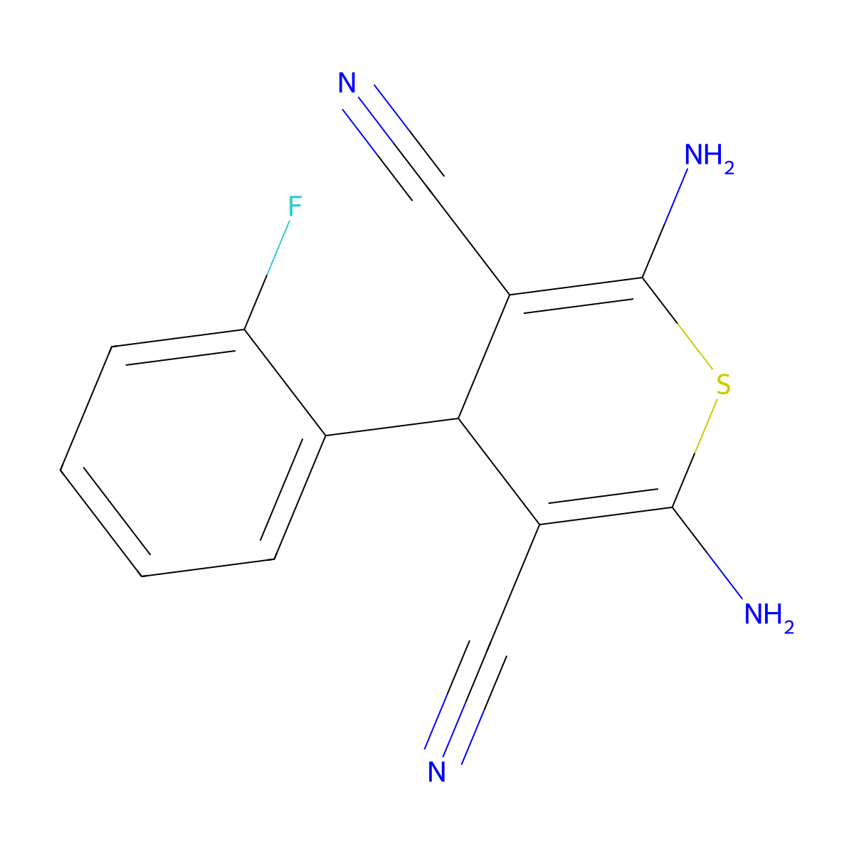 2,6-diamino-4-(2-fluorophenyl)-4H-thiopyran-3,5-dicarbonitrile molecular structure, CAS 208254-22-2