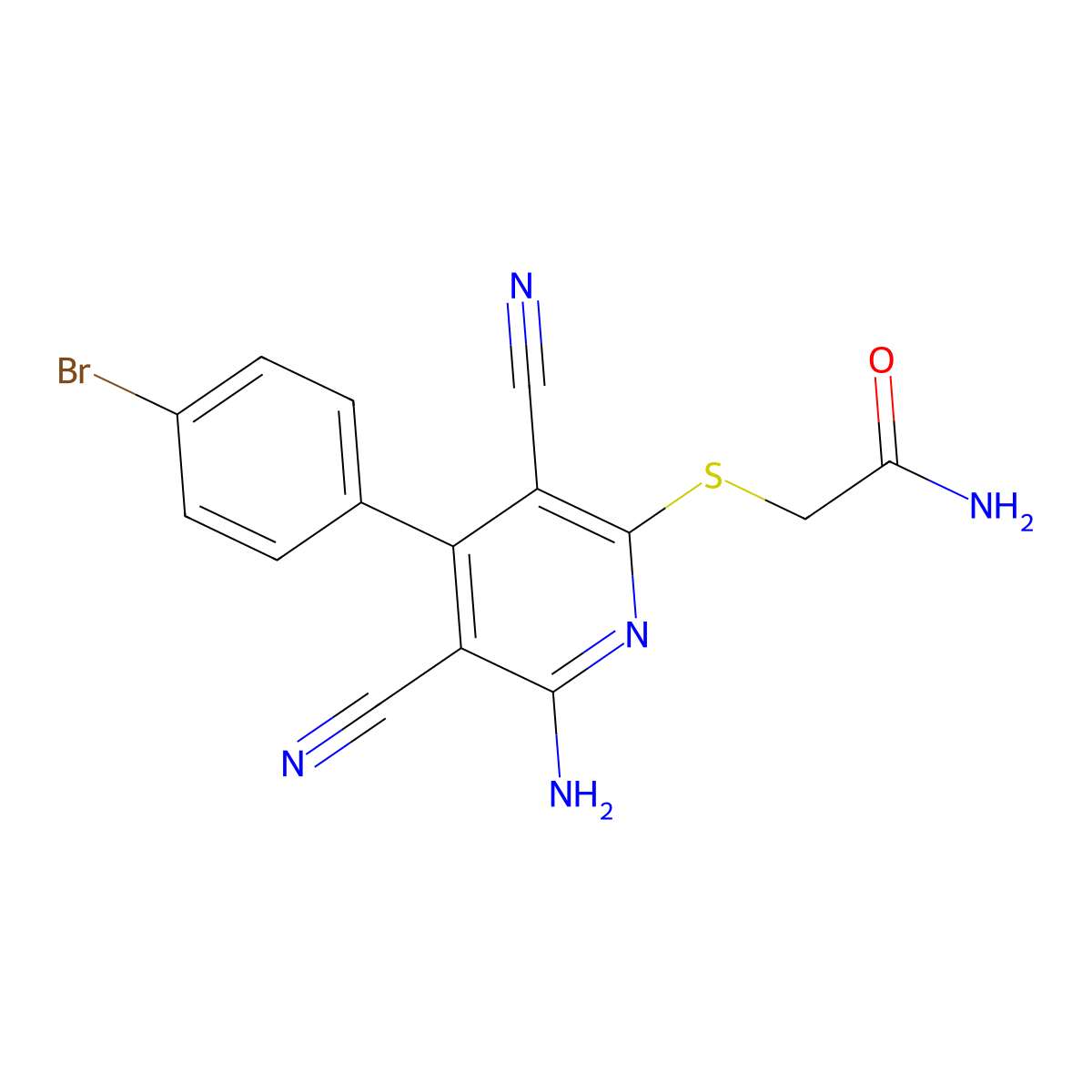 2-((6-Amino-4-(4-bromophenyl)-3,5-dicyanopyridin-2-yl)thio)acetamide molecular structure, CAS 208254-30-2