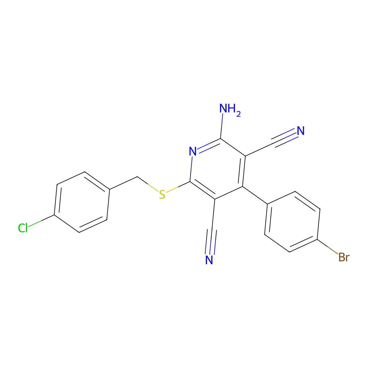 2-Amino-4-(4-bromophenyl)-6-[(4-chlorophenyl)methylsulfanyl]pyridine-3,5-dicarbonitrile molecular structure, CAS 208254-36-8