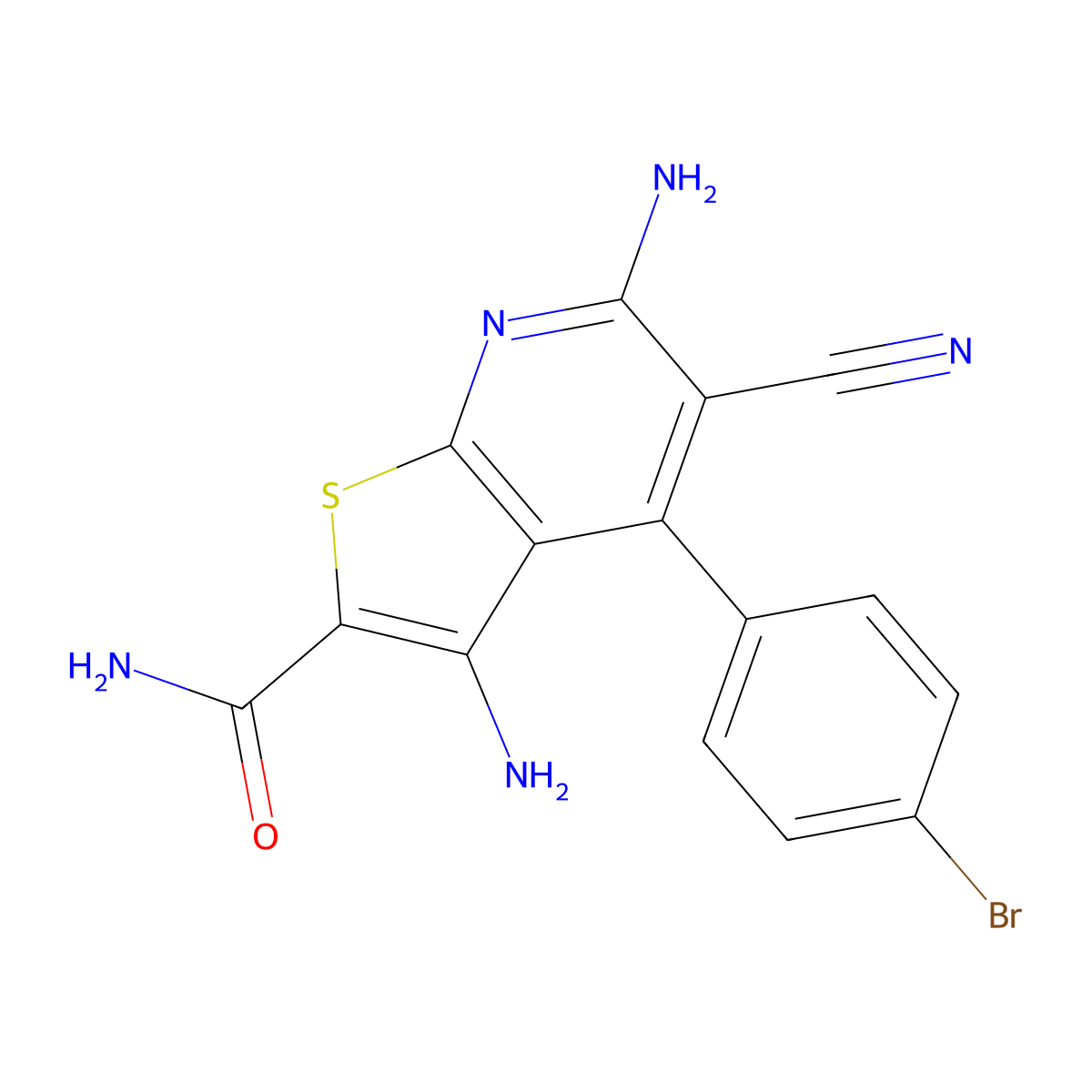 3,6-Diamino-4-(4-bromophenyl)-5-cyanothieno[2,3-b]pyridine-2-carboxamide molecular structure, CAS 208254-40-4