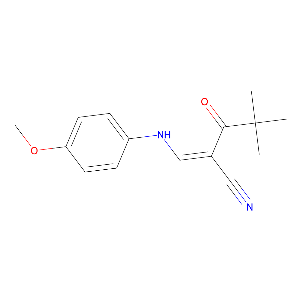 2-(2,2-Dimethylpropanoyl)-3-((4-methoxyphenyl)amino)prop-2-enenitrile molecular structure, CAS 208347-89-1