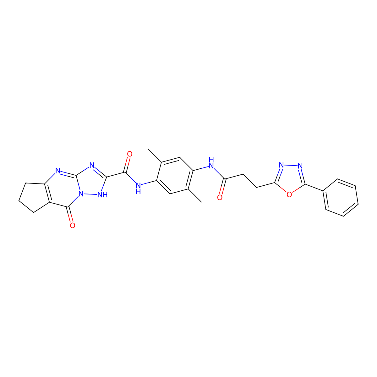 N-(2,5-Dimethyl-4-(3-(5-phenyl-1,3,4-oxadiazol-2-yl)propanamido)phenyl)-8-oxo-5,6,7,8-tetrahydro-1H-cyclopenta[d][1,2,4]triazolo[1,5-a]pyrimidine-2-carboxamide molecular structure, CAS 2083618-79-3