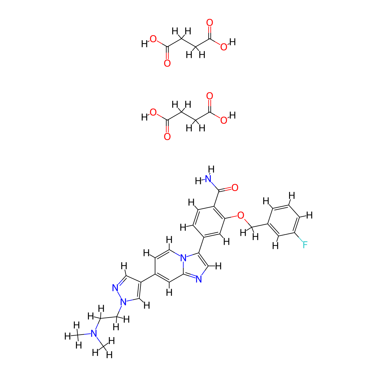 Bis(butanedioic acid);4-[7-[1-[2-(dimethylamino)ethyl]pyrazol-4-yl]imidazo[1,2-a]pyridin-3-yl]-2-[(3-fluorophenyl)methoxy]benzamide molecular structure, CAS 2083624-07-9