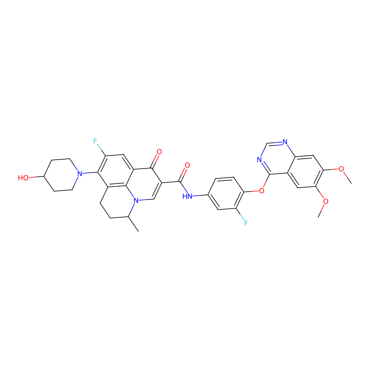 N-[4-(6,7-dimethoxyquinazolin-4-yl)oxy-3-fluorophenyl]-7-fluoro-8-(4-hydroxypiperidin-1-yl)-12-methyl-4-oxo-1-azatricyclo[7.3.1.05,13]trideca-2,5,7,9(13)-tetraene-3-carboxamide molecular structure, CAS 2084107-15-1