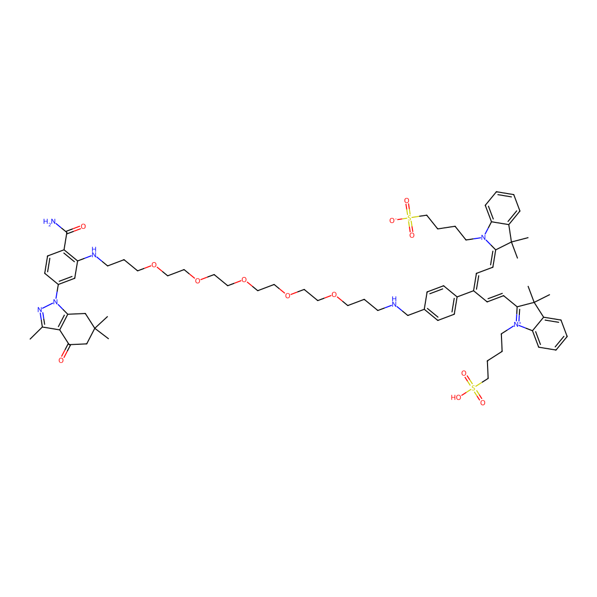 4-[(2E)-2-[(2Z,4E)-3-[4-[[3-[2-[2-[2-[2-[3-[2-carbamoyl-5-(3,6,6-trimethyl-4-oxo-5,7-dihydroindazol-1-yl)anilino]propoxy]ethoxy]ethoxy]ethoxy]ethoxy]propylamino]methyl]phenyl]-5-[3,3-dimethyl-1-(4-sulfobutyl)indol-1-ium-2-yl]penta-2,4-dienylidene]-3,3-dimethylindol-1-yl]butane-1-sulfonate molecular structure, CAS 2084850-40-6