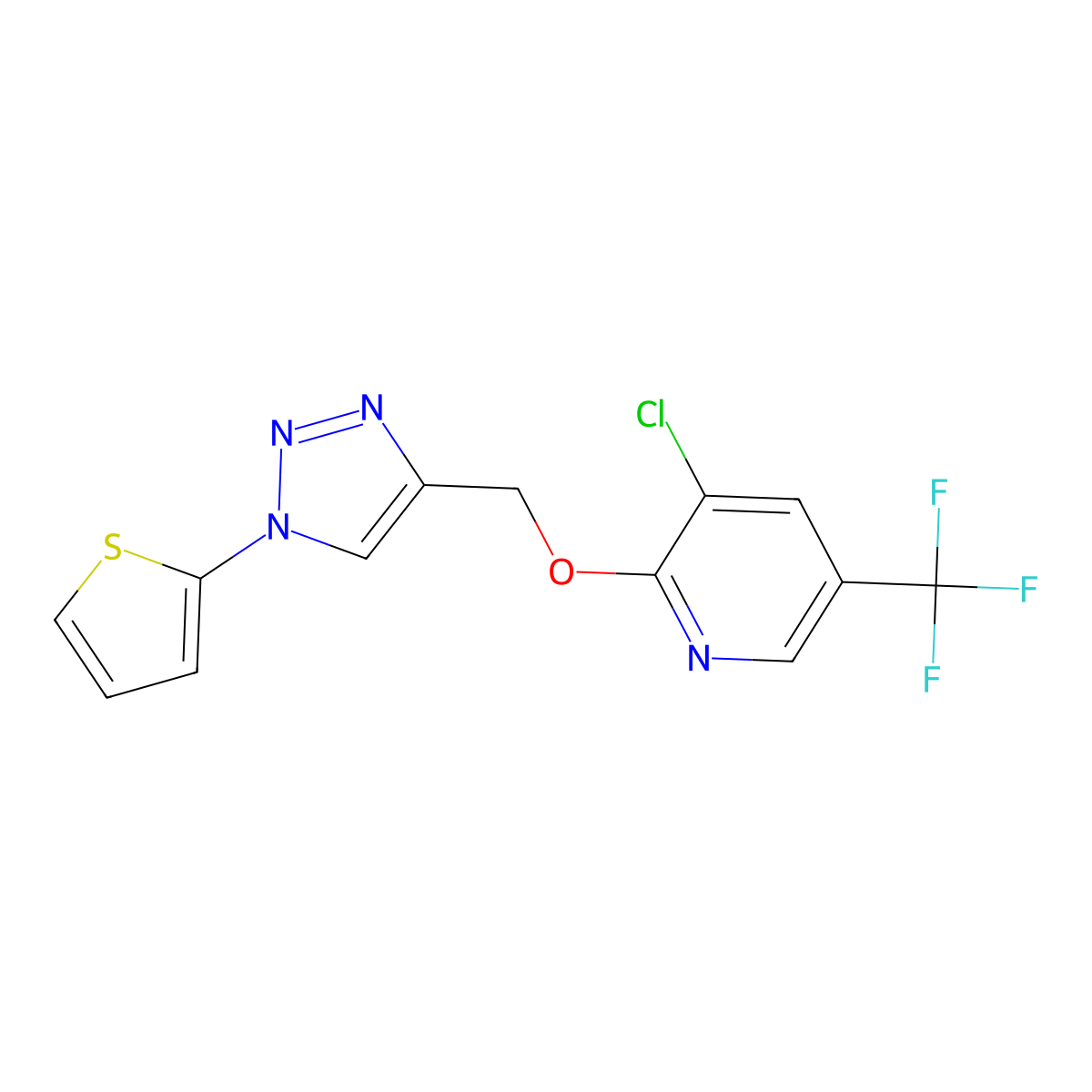 3-chloro-2-{[1-(thiophen-2-yl)-1H-1,2,3-triazol-4-yl]methoxy}-5-(trifluoromethyl)pyridine molecular structure, CAS 2085689-95-6