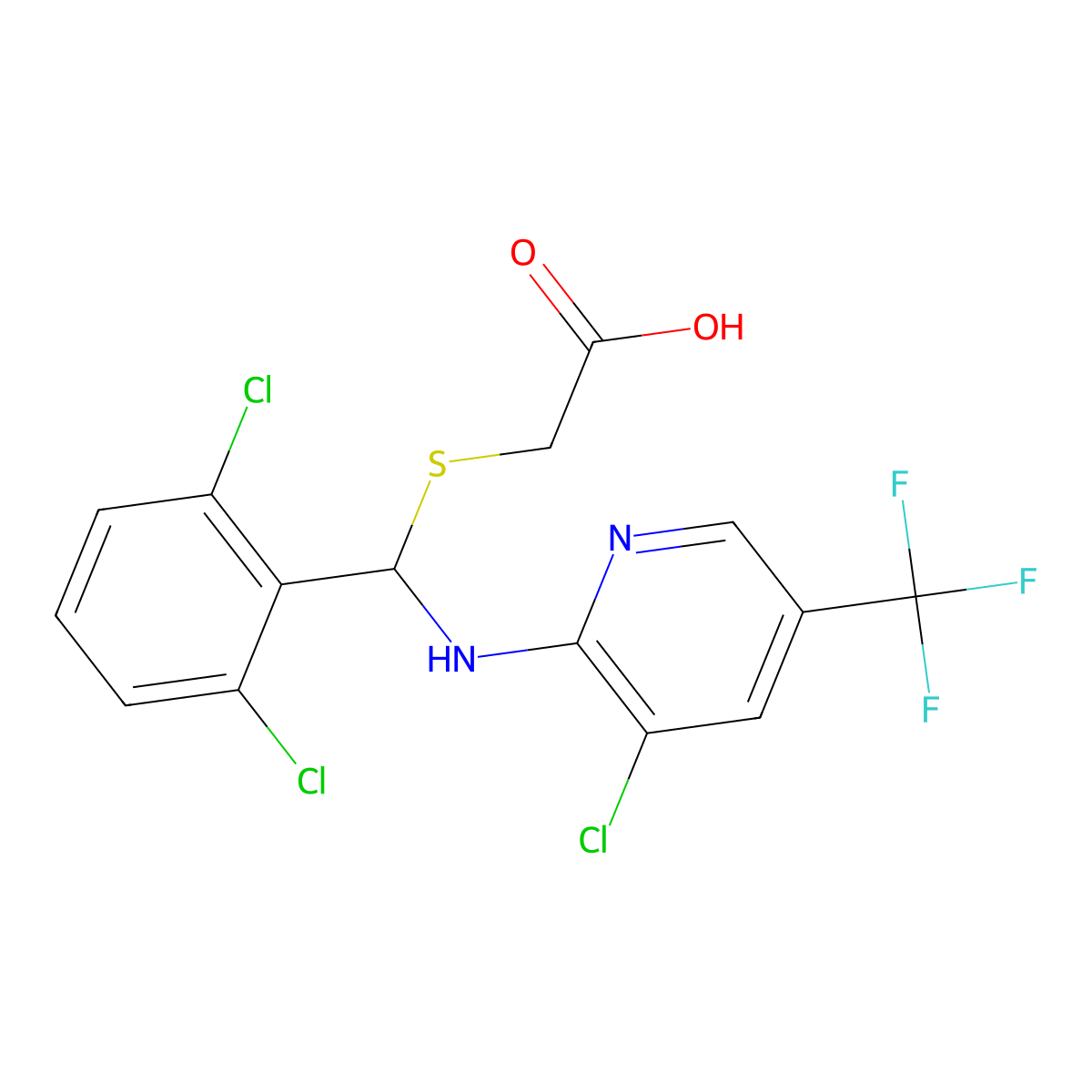 2-[({[3-Chloro-5-(trifluoromethyl)pyridin-2-yl]amino} (2,6-dichlorophenyl)methyl)sulfanyl]acetic acid molecular structure, CAS 2085690-01-1
