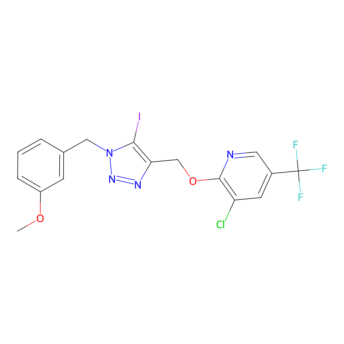 3-chloro-2-({5-iodo-1-[(3-methoxyphenyl)methyl]-1H-1,2,3-triazol-4-yl}methoxy)-5-(trifluoromethyl)pyridine molecular structure, CAS 2085690-07-7