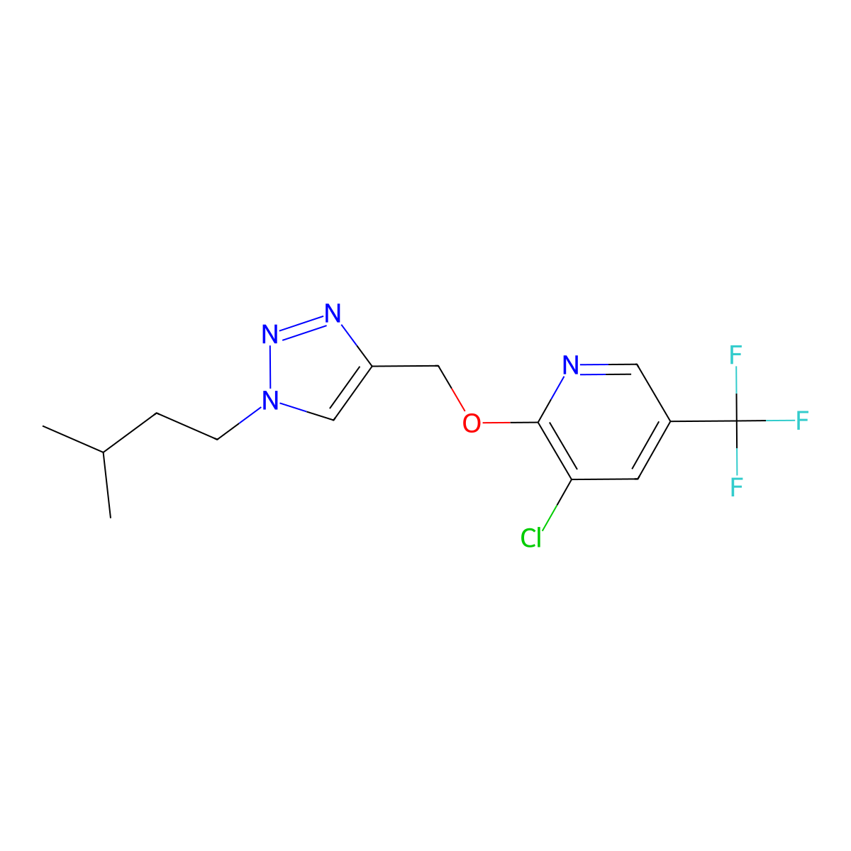 3-chloro-2-{[1-(3-methylbutyl)-1H-1,2,3-triazol-4-yl]methoxy}-5-(trifluoromethyl)pyridine molecular structure, CAS 2085690-16-8