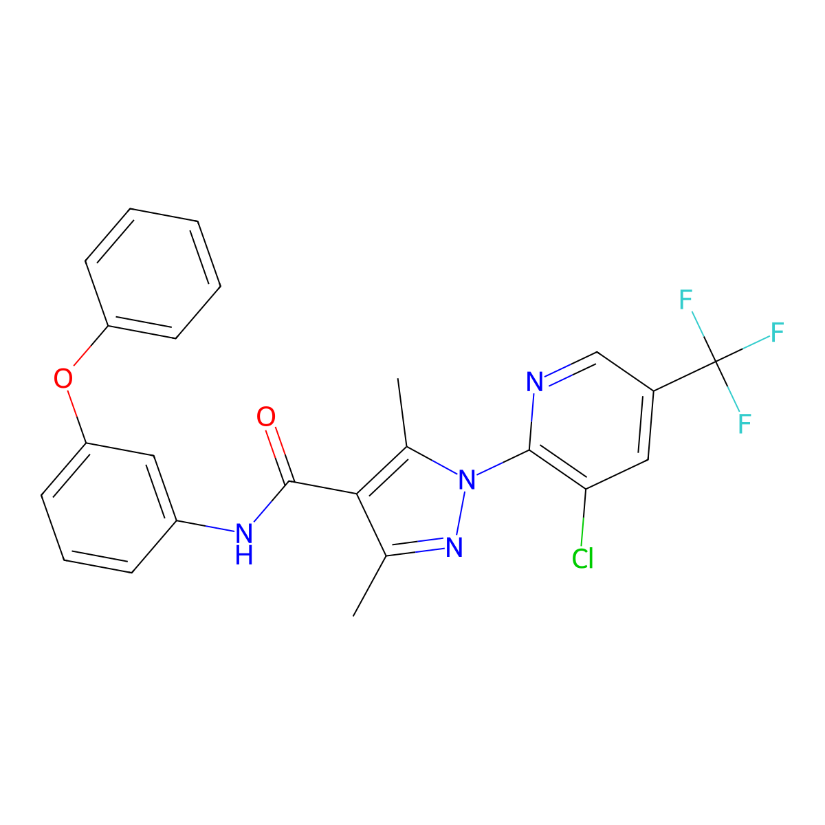 1-[3-chloro-5-(trifluoromethyl)pyridin-2-yl]-3,5-dimethyl-N-(3-phenoxyphenyl)-1H-pyrazole-4-carboxamide molecular structure, CAS 2085690-29-3