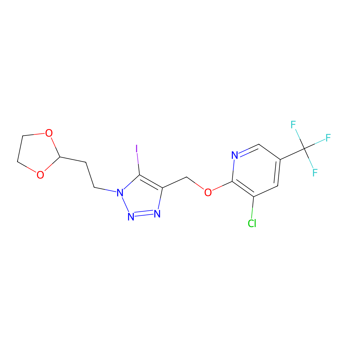 2-({1-[2-(1,3-dioxolan-2-yl)ethyl]-5-iodo-1H-1,2,3-triazol-4-yl}methoxy)-3-chloro-5-(trifluoromethyl)pyridine molecular structure, CAS 2085690-30-6