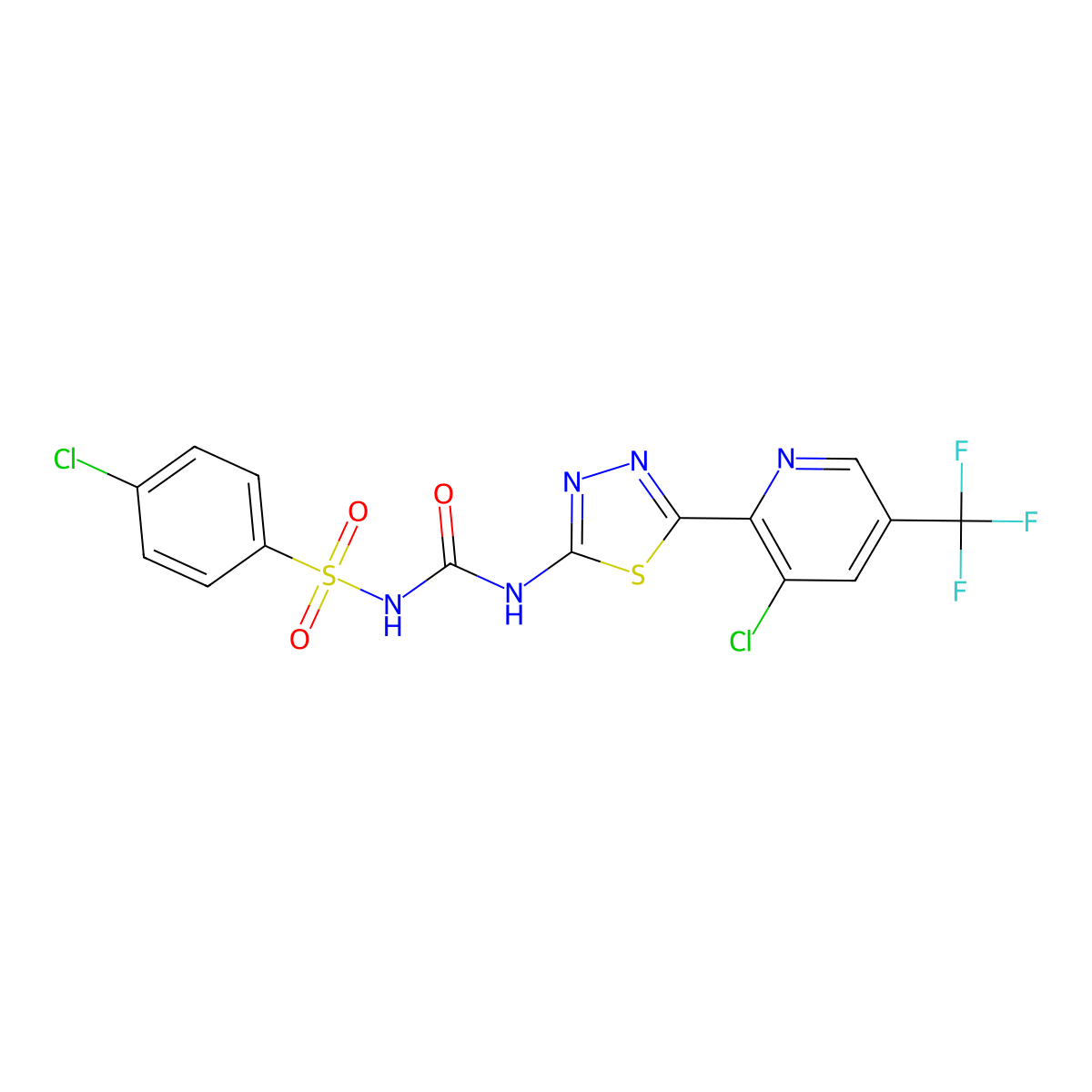 3-{5-[3-Chloro-5-(trifluoromethyl)pyridin-2-yl]-1,3,4-thiadiazol-2-yl}-1-(4-chlorobenzenesulfonyl)urea molecular structure, CAS 2085690-36-2