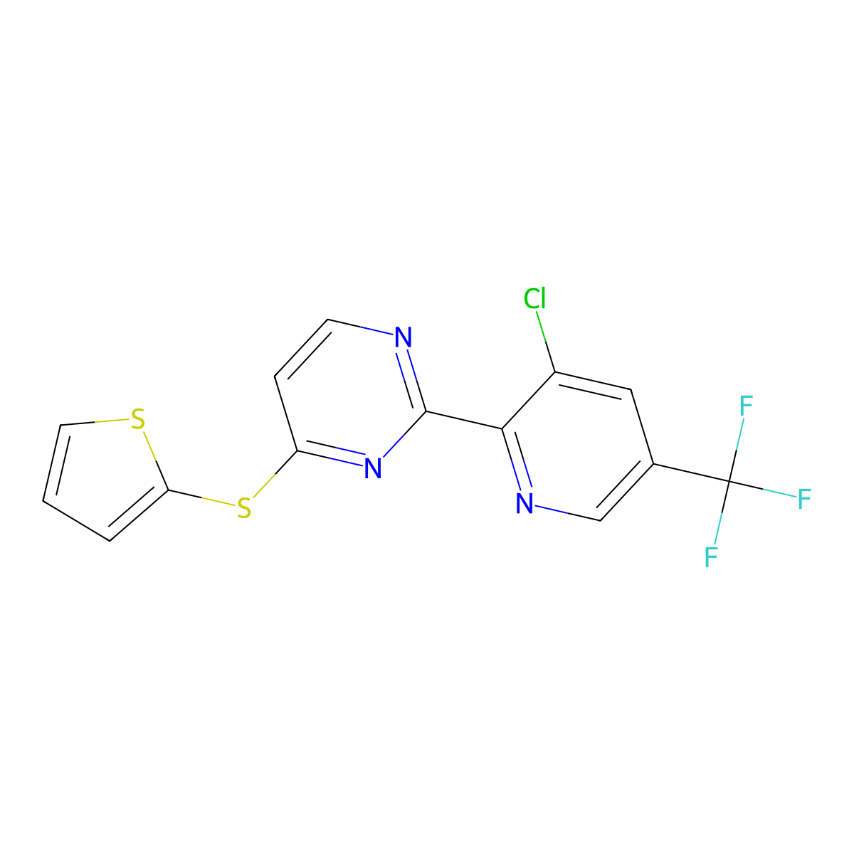 2-[3-Chloro-5-(trifluoromethyl)pyridin-2-yl]-4-(thiophen-2-ylsulfanyl)pyrimidine molecular structure, CAS 2085690-44-2