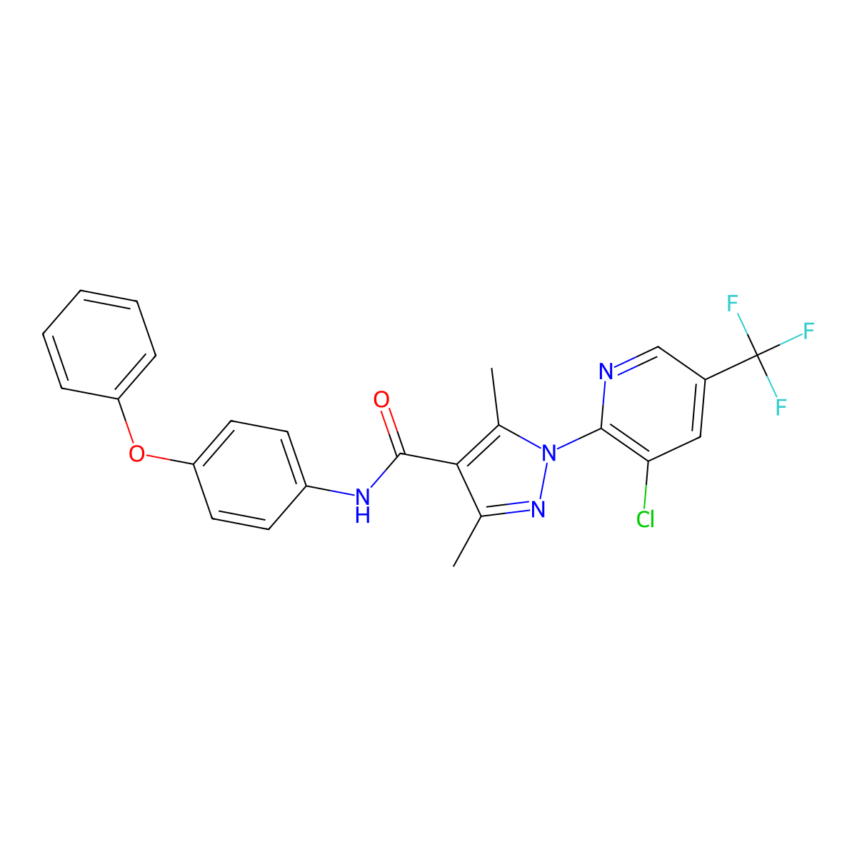 1-[3-chloro-5-(trifluoromethyl)pyridin-2-yl]-3,5-dimethyl-N-(4-phenoxyphenyl)-1H-pyrazole-4-carboxamide molecular structure, CAS 2085690-50-0