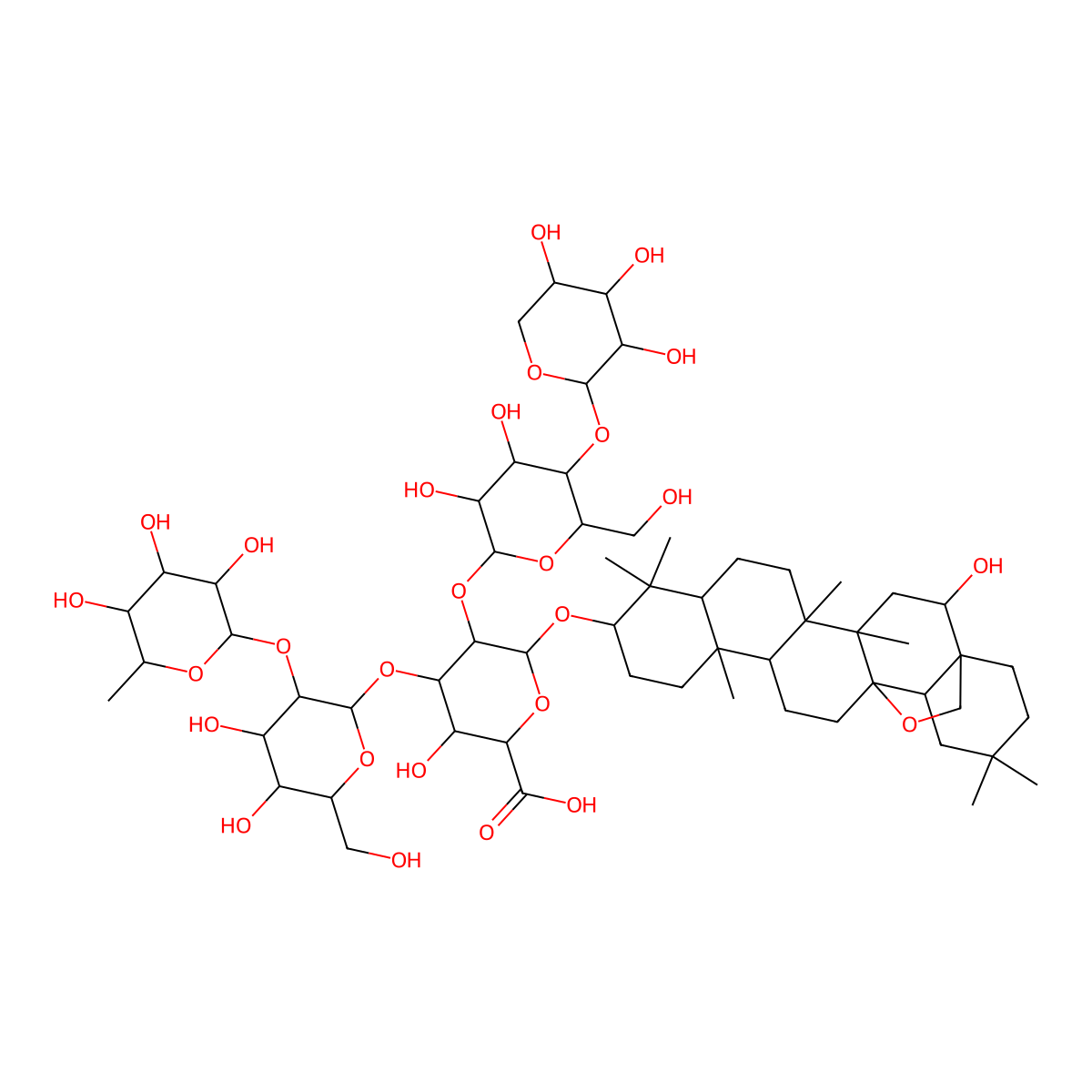 (2S,3S,4S,5R,6R)-4-((2S,3R,4S,5R,6R)-4,5-dihydroxy-6-(hydroxymethyl)-3-((2S,3R,4R,5R,6S)-3,4,5-trihydroxy-6-methyloxan-2-yl)oxyoxan-2-yl)oxy-5-((2S,3R,4R,5S,6R)-3,4-dihydroxy-6-(hydroxymethyl)-5-((2S,3R,4S,5R)-3,4,5-trihydroxyoxan-2-yl)oxyoxan-2-yl)oxy-3-hydroxy-6-(((1S,2R,4S,5R,8R,10S,13R,14R,17S,18R)-2-hydroxy-4,5,9,9,13,20,20-heptamethyl-24-oxahexacyclo(15.5.2.01,18.04,17.05,14.08,13)tetracosan-10-yl)oxy)oxane-2-carboxylic acid molecular structure, CAS 208599-88-6