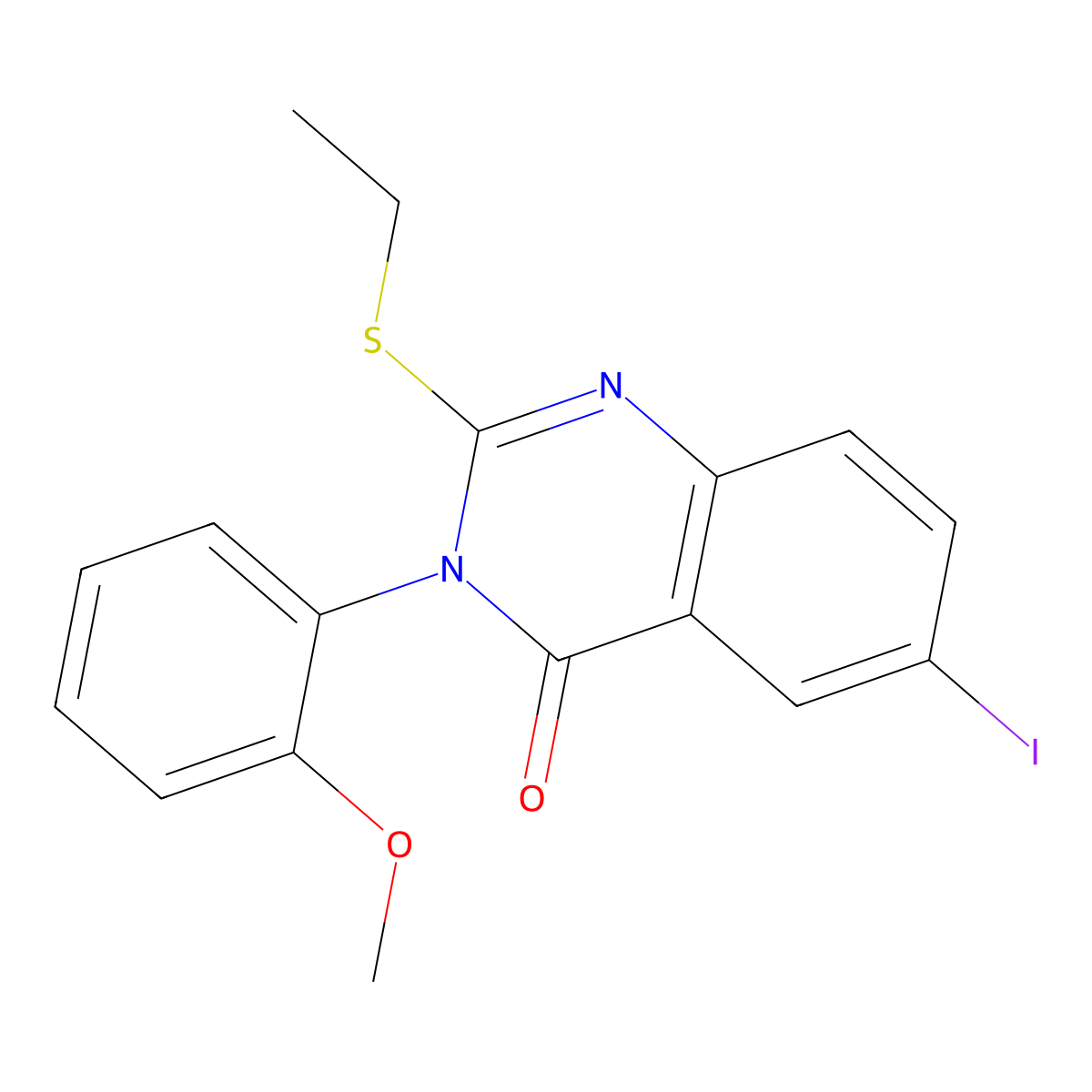 2-Ethylsulfanyl-6-iodo-3-(2-methoxyphenyl)quinazolin-4-one molecular structure, CAS 20864-62-4