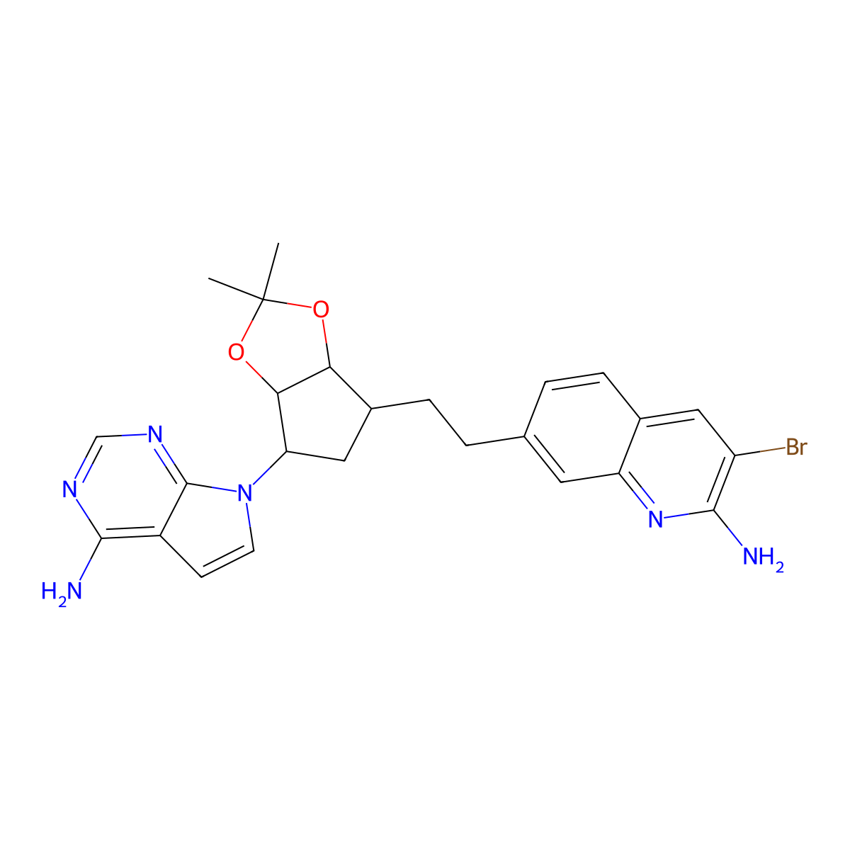 7-[2-[(3aR,4S,6R,6aS)-6-(4-Amino-7H-pyrrolo[2,3-d]pyrimidin-7-yl)tetrahydro-2,2-dimethyl-4H-cyclopenta-1,3-dioxol-4-yl]ethyl]-3-bromo-2-quinolinamine molecular structure, CAS 2086768-87-6