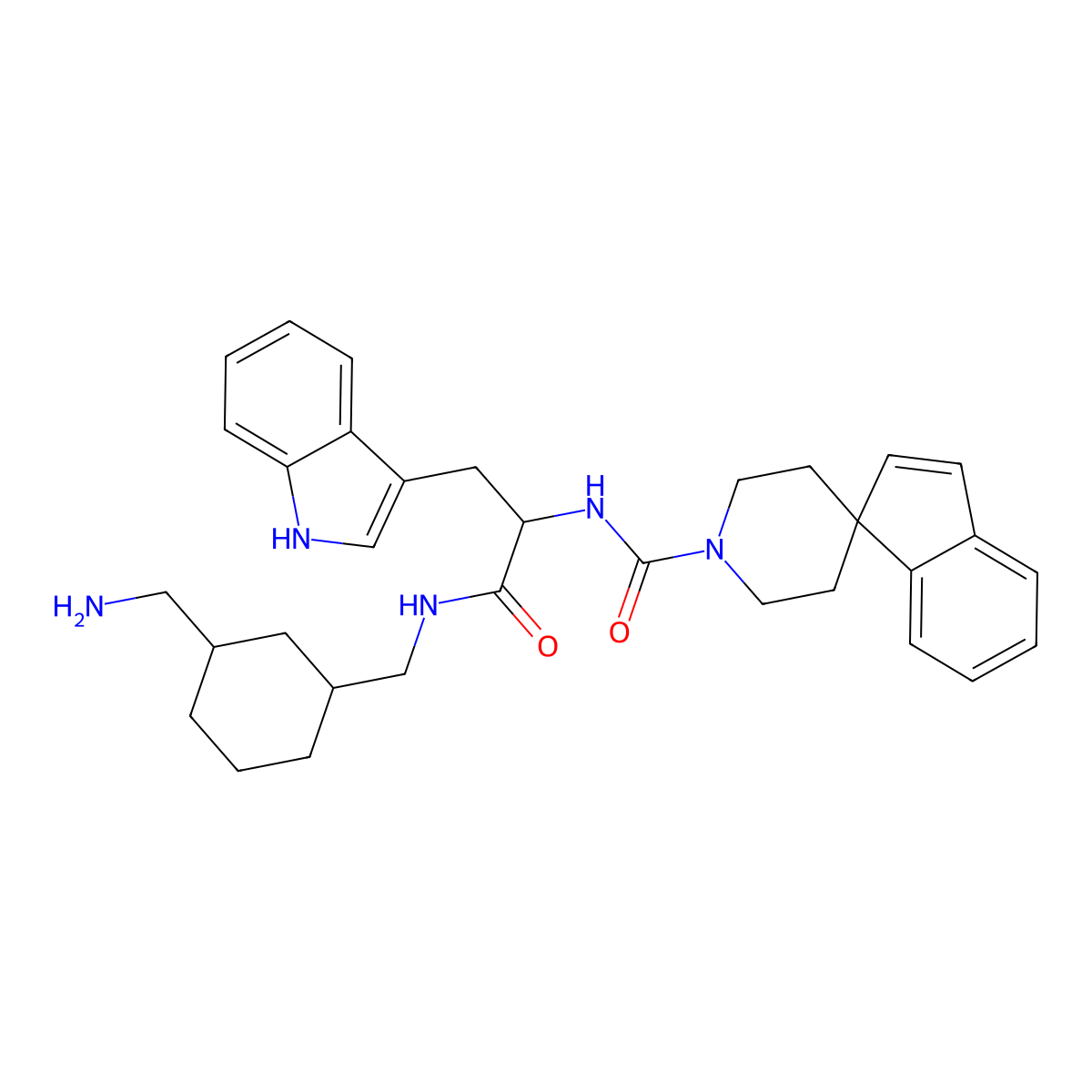 N-[(2R)-1-[[3-(aminomethyl)cyclohexyl]methylamino]-3-(1H-indol-3-yl)-1-oxopropan-2-yl]spiro[indene-1,4'-piperidine]-1'-carboxamide molecular structure, CAS 208706-12-1