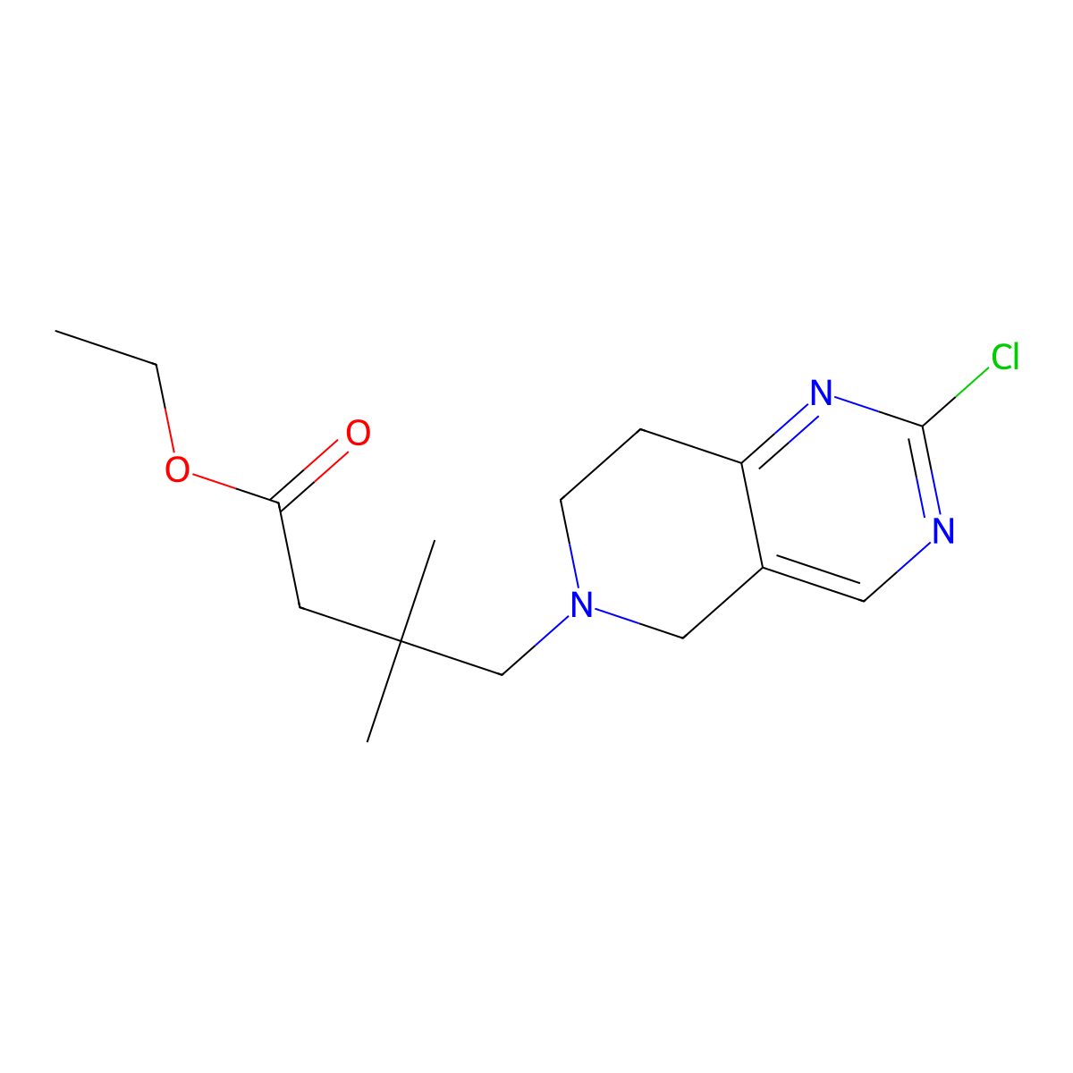 Ethyl 4-(2-chloro-7,8-dihydropyrido[4,3-D]pyrimidin-6(5H)-YL)-3,3-dimethylbutanoate molecular structure, CAS 2087477-60-7