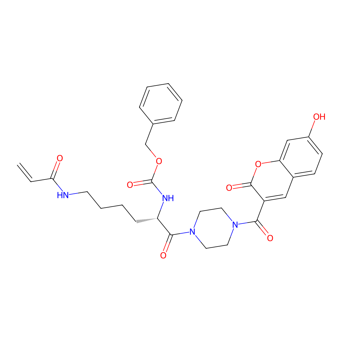 (S)-Benzyl (6-acrylamido-1-(4-(7-hydroxy-2-oxo-2H-chromene-3-carbonyl)piperazin-1-yl)-1-oxohexan-2-yl)carbamate molecular structure, CAS 2088001-24-3
