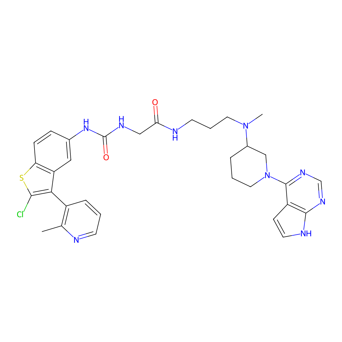 2-(((2-chloro-3-(2-methylpyridin-3-yl)-1-benzothiophen-5-yl)carbamoyl)amino)-N-(3-(methyl((3R)-1-(7H-pyrrolo(2,3-d)pyrimidin-4-yl)piperidin-3-yl)amino)propyl)acetamide molecular structure, CAS 2088518-50-5