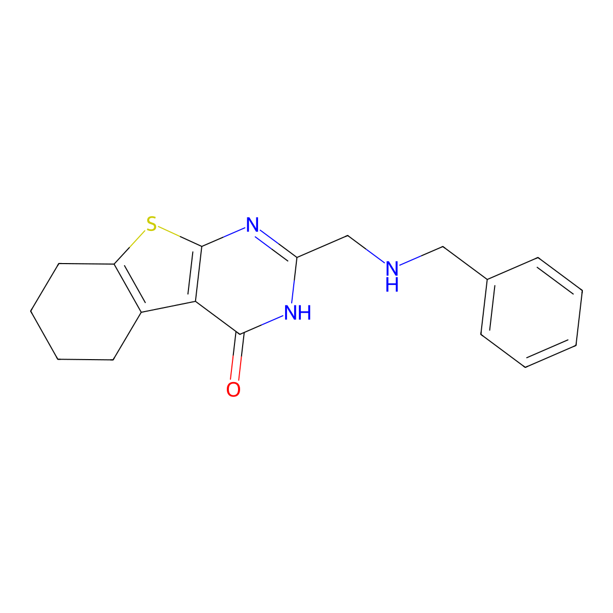 (1)Benzothieno(2,3-d)pyrimidin-4(3H)-one, 5,6,7,8-tetrahydro-2-(((phenylmethyl)amino)methyl)- molecular structure, CAS 20886-94-6