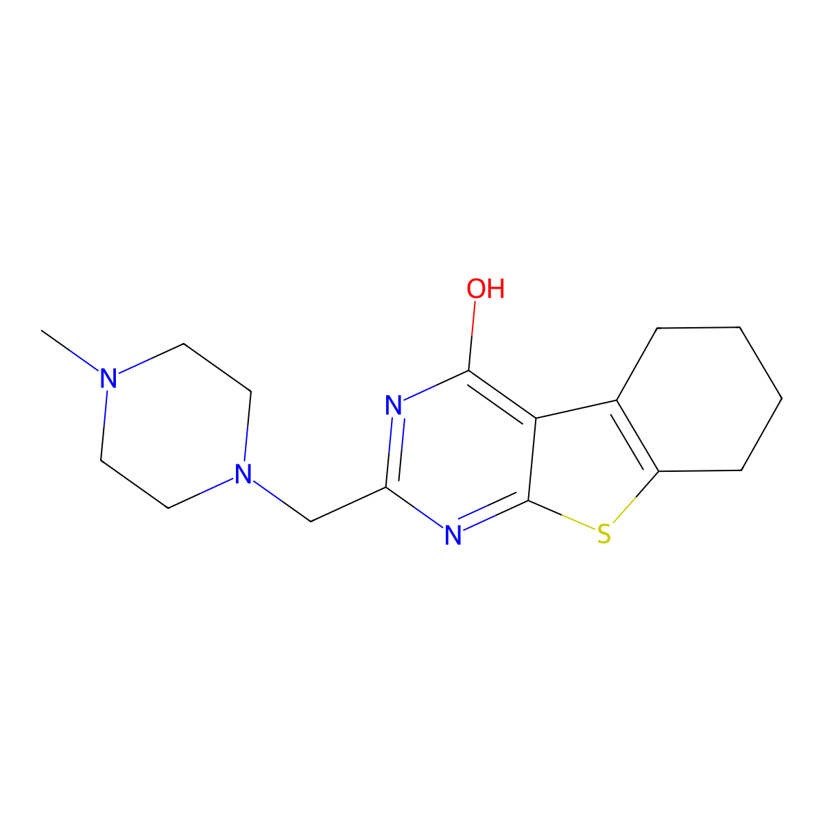 (1)Benzothieno(2,3-d)pyrimidin-4(3H)-one, 5,6,7,8-tetrahydro-2-((4-methyl-1-piperazinyl)methyl)- molecular structure, CAS 20886-99-1
