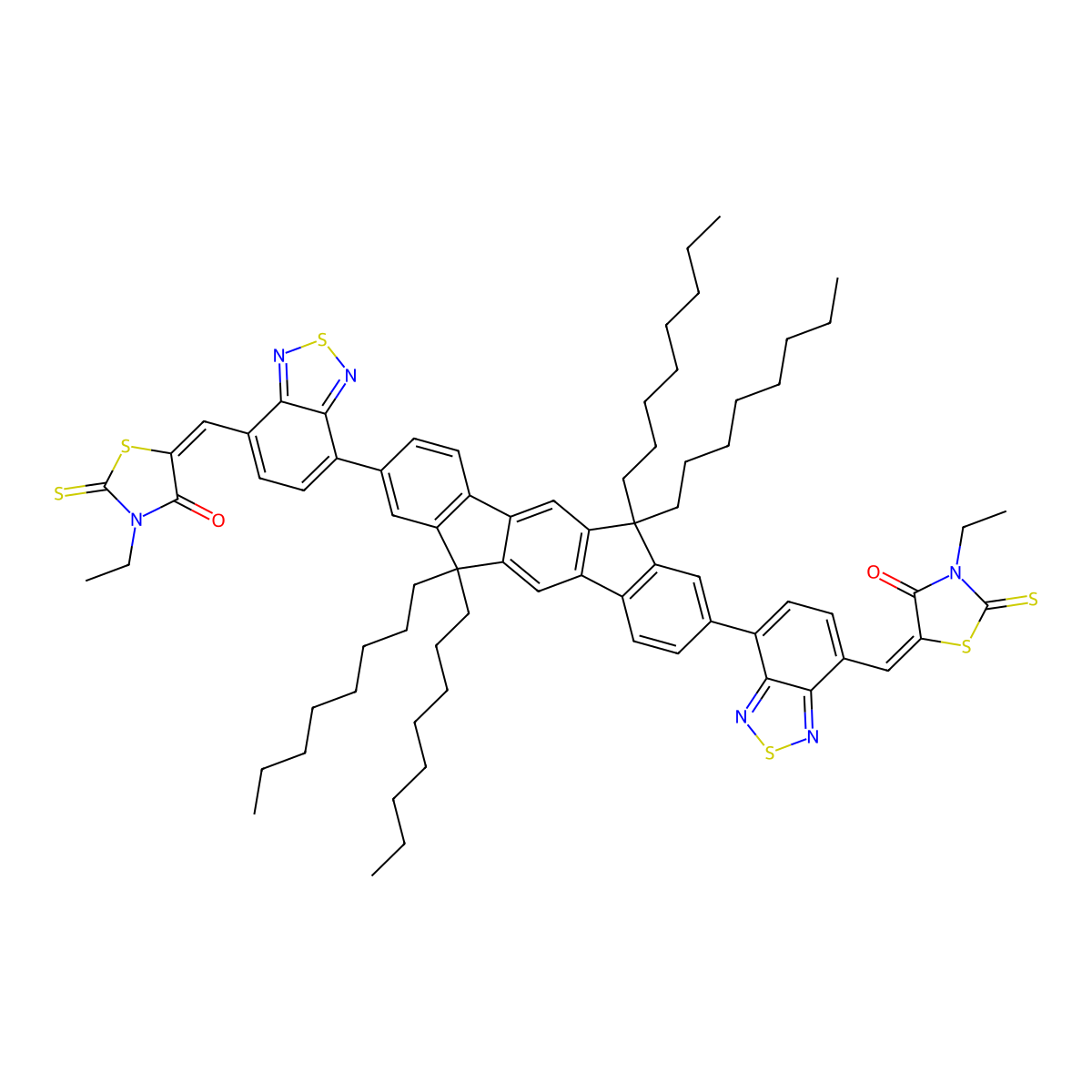3-Ethyl-5-[[4-[2-[7-[(3-ethyl-4-oxo-2-sulfanylidene-1,3-thiazolidin-5-ylidene)methyl]-2,1,3-benzothiadiazol-4-yl]-6,6,12,12-tetraoctylindeno[1,2-b]fluoren-8-yl]-2,1,3-benzothiadiazol-7-yl]methylidene]-2-sulfanylidene-1,3-thiazolidin-4-one molecular structure, CAS 2088628-64-0