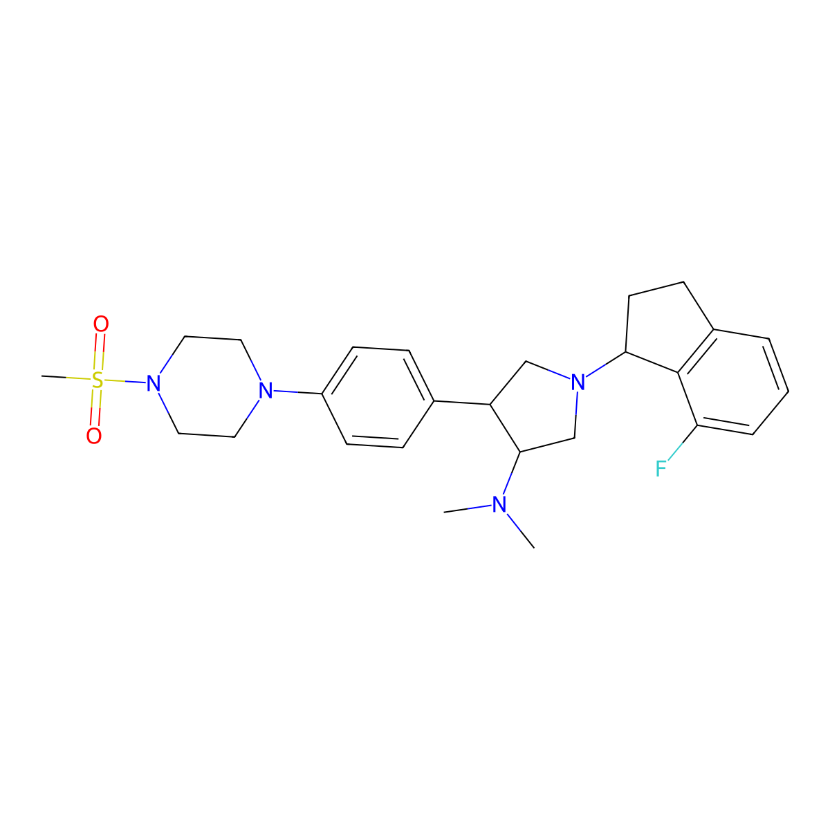 (3R,4S)-1-(7-fluoro-2,3-dihydro-1H-inden-1-yl)-N,N-dimethyl-4-(4-(4-(methylsulfonyl)piperazin-1-yl)phenyl)pyrrolidin-3-amine molecular structure, CAS 2089148-72-9