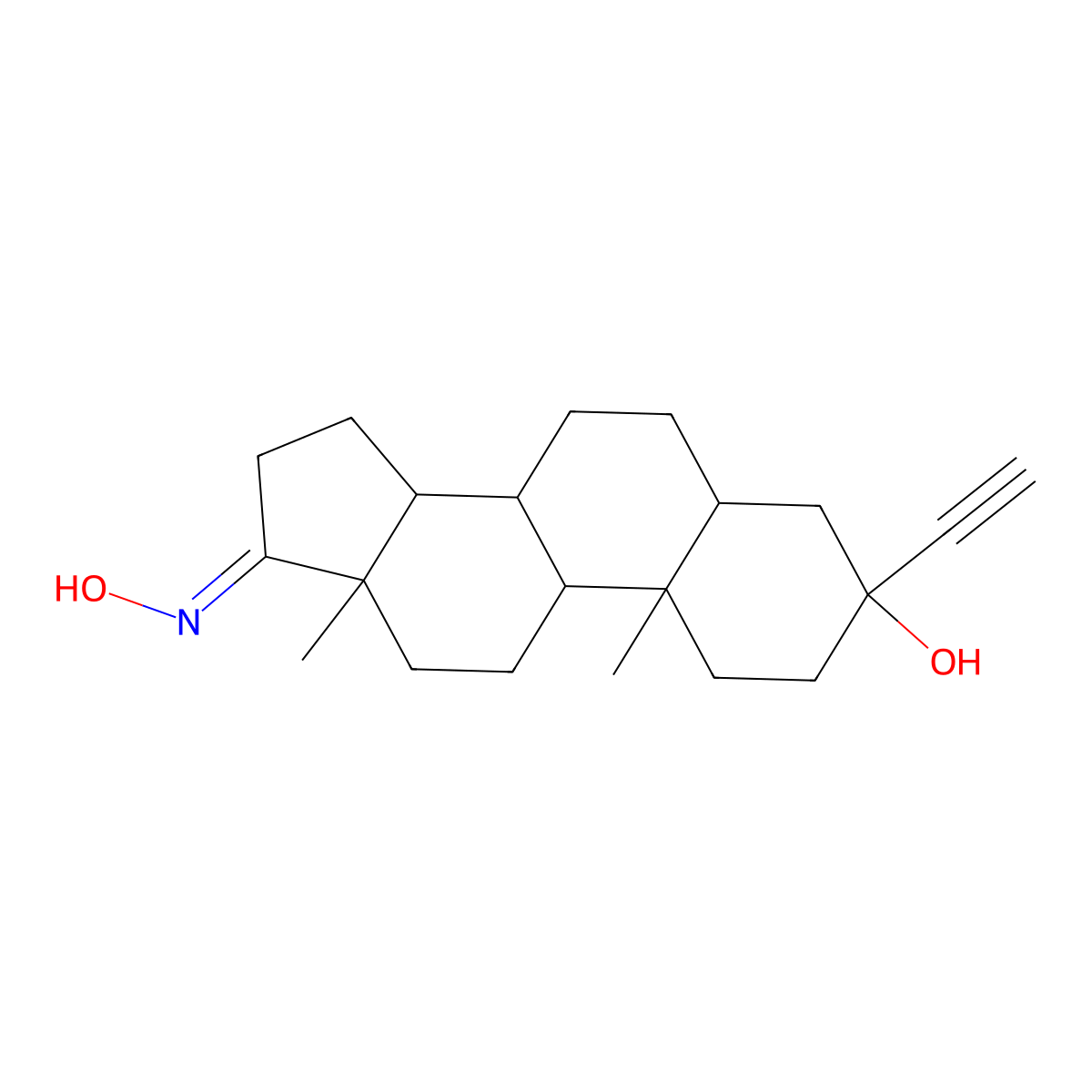 Androstan-17-one, 3-ethynyl-3-hydroxy-, oxime, (3beta,5alpha,17e)- molecular structure, CAS 2089238-18-4