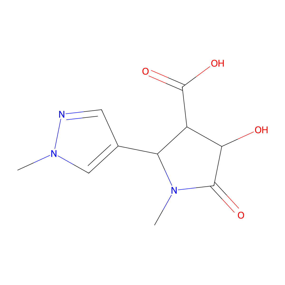 rac-(2R,3S,4S)-4-hydroxy-1-methyl-2-(1-methyl-1H-pyrazol-4-yl)-5-oxopyrrolidine-3-carboxylic acid molecular structure, CAS 2089246-08-0