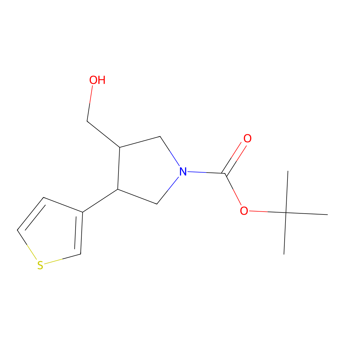 Tert-butyl (3S,4R)-3-(hydroxymethyl)-4-thiophen-3-ylpyrrolidine-1-carboxylate molecular structure, CAS 2089246-60-4