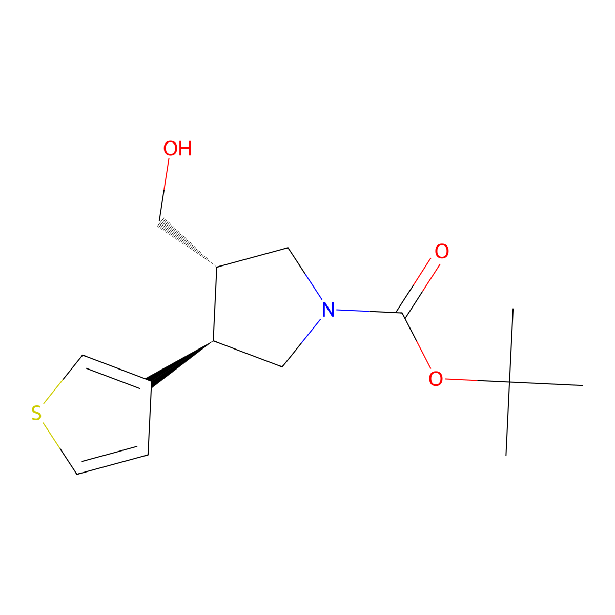 Tert-butyl (3S,4R)-3-(hydroxymethyl)-4-thiophen-3-ylpyrrolidine-1-carboxylate molecular structure, CAS 2089246-60-4