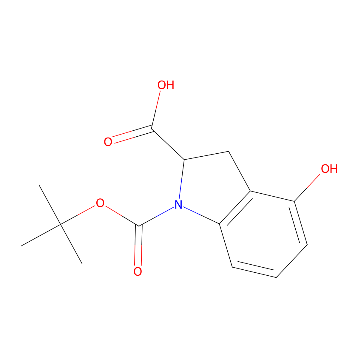 1-((tert-butoxy)carbonyl)-4-hydroxy-2,3-dihydro-1H-indole-2-carboxylic acid molecular structure, CAS 2089255-23-0