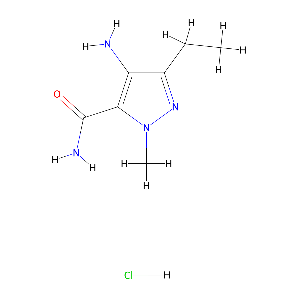 4-amino-3-ethyl-1-methyl-1H-pyrazole-5-carboxamide hydrochloride molecular structure, CAS 2089255-40-1