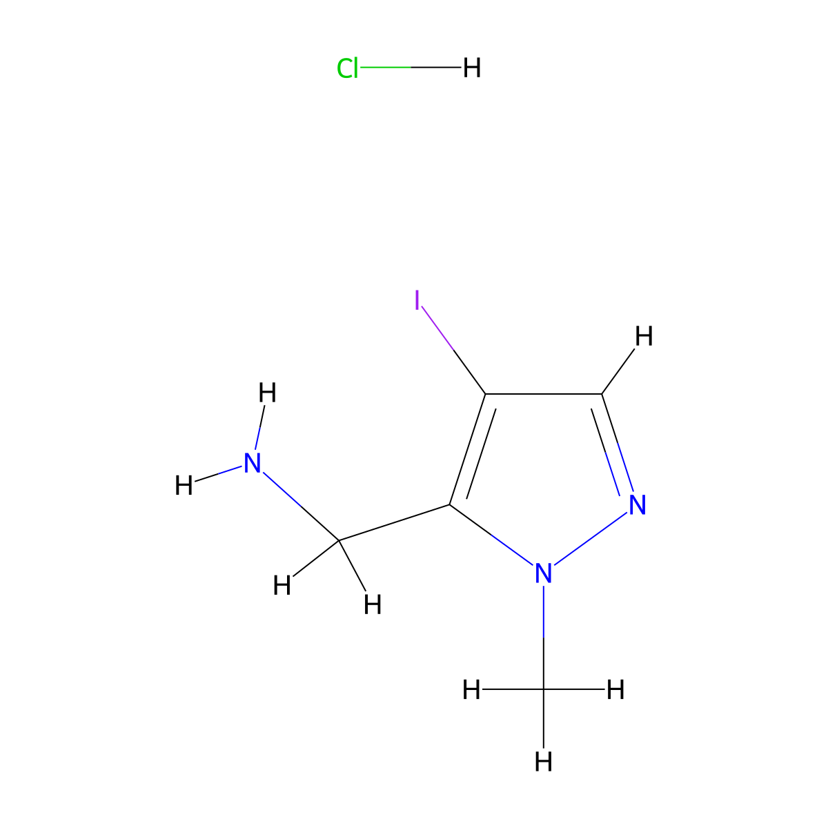 (4-iodo-1-methyl-1H-pyrazol-5-yl)methanamine hydrochloride molecular structure, CAS 2089257-47-4