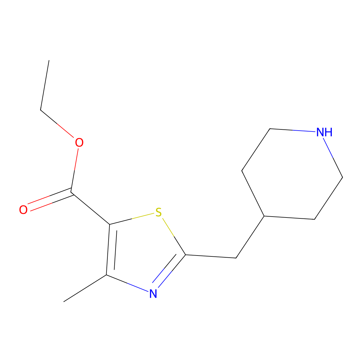 Ethyl 4-methyl-2-[(piperidin-4-yl)methyl]-1,3-thiazole-5-carboxylate molecular structure, CAS 2089258-61-5