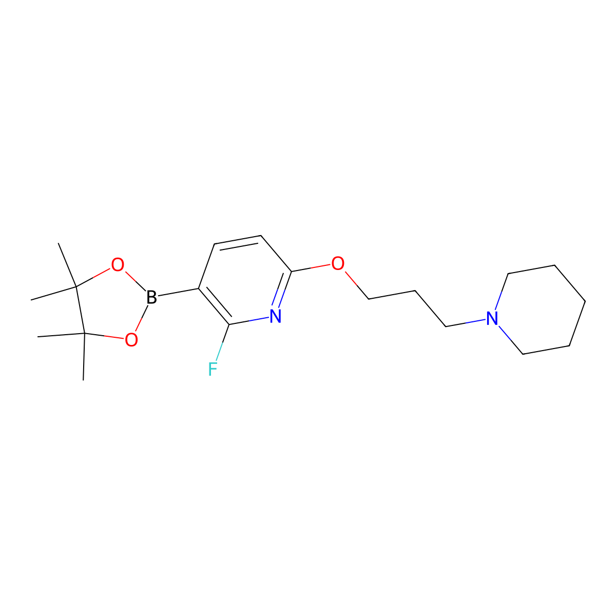 2-Fluoro-6-(3-piperidin-1-ylpropoxy)-3-(4,4,5,5-tetramethyl-1,3,2-dioxaborolan-2-yl)pyridine molecular structure, CAS 2089288-40-2