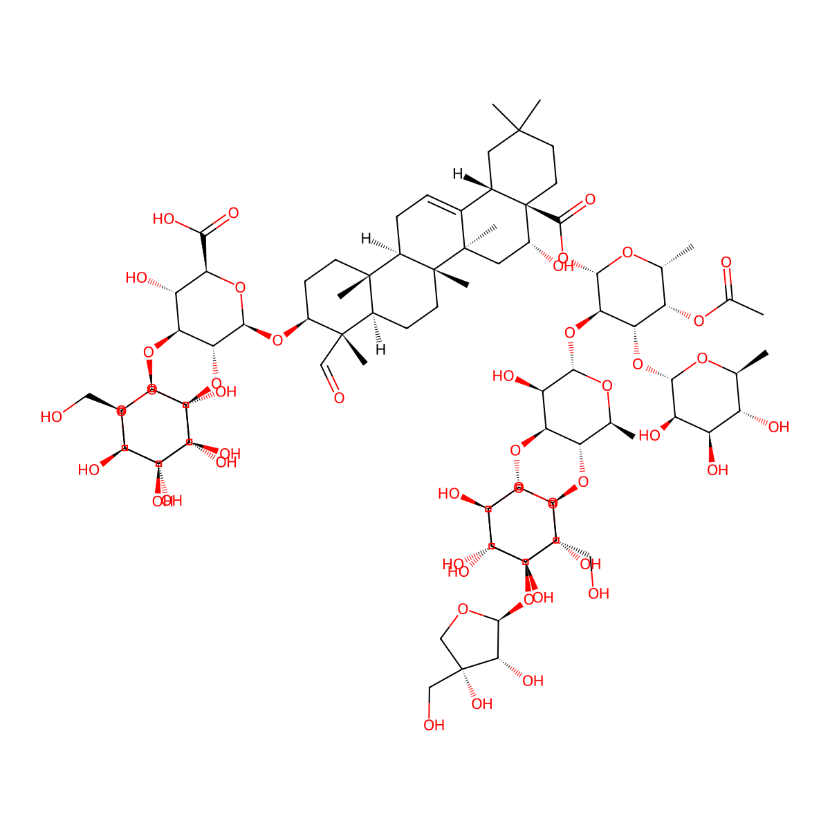 (2S,3S,4S,5R,6R)-6-[[(3S,4S,4aR,6aR,6bS,8R,8aR,12aS,14aR,14bR)-8a-[(2S,3R,4S,5S,6R)-5-acetyloxy-3-[(2S,3R,4S,5S,6S)-5-[(2S,3R,4S,5R)-4-[(2S,3R,4R)-3,4-dihydroxy-4-(hydroxymethyl)oxolan-2-yl]oxy-3,5-dihydroxyoxan-2-yl]oxy-3-hydroxy-6-methyl-4-[(2S,3R,4S,5S,6R)-3,4,5-trihydroxy-6-(hydroxymethyl)oxan-2-yl]oxyoxan-2-yl]oxy-6-methyl-4-[(2S,3R,4R,5R,6S)-3,4,5-trihydroxy-6-methyloxan-2-yl]oxyoxan-2-yl]oxycarbonyl-4-formyl-8-hydroxy-4,6a,6b,11,11,14b-hexamethyl-1,2,3,4a,5,6,7,8,9,10,12,12a,14,14a-tetradecahydropicen-3-yl]oxy]-3-hydroxy-5-[(2S,3R,4S,5R,6R)-3,4,5-trihydroxy-6-(hydroxymethyl)oxan-2-yl]oxy-4-[(2S,3R,4S,5R)-3,4,5-trihydroxyoxan-2-yl]oxyoxane-2-carboxylic acid molecular structure, CAS 208933-54-4