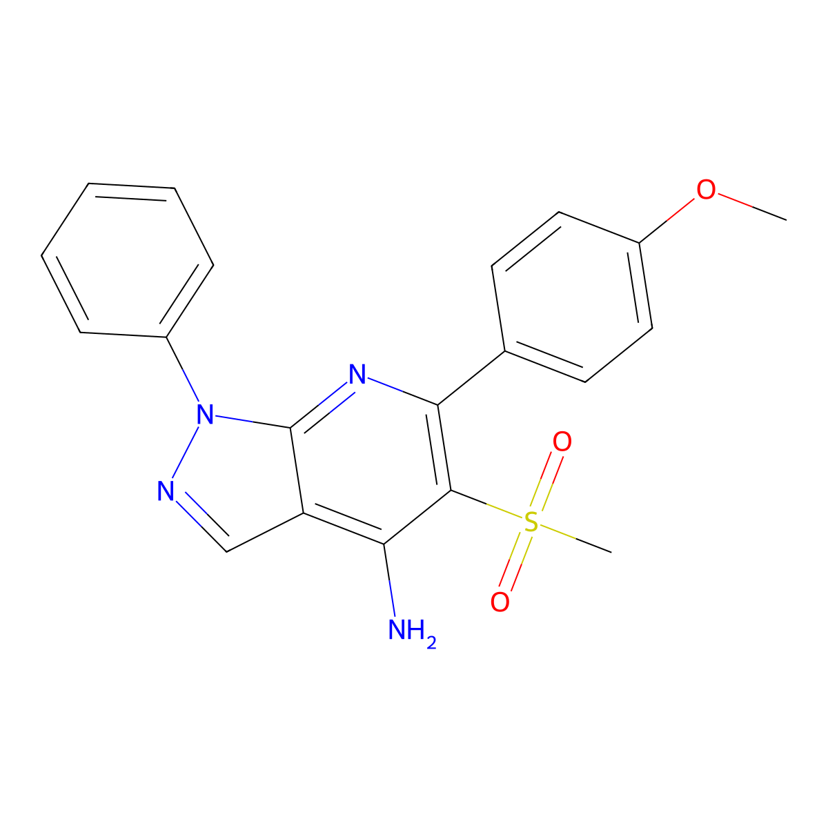 6-(4-methoxyphenyl)-5-(methylsulfonyl)-1-phenyl-1H-pyrazolo[3,4-b]pyridin-4-amine molecular structure, CAS 2089391-69-3