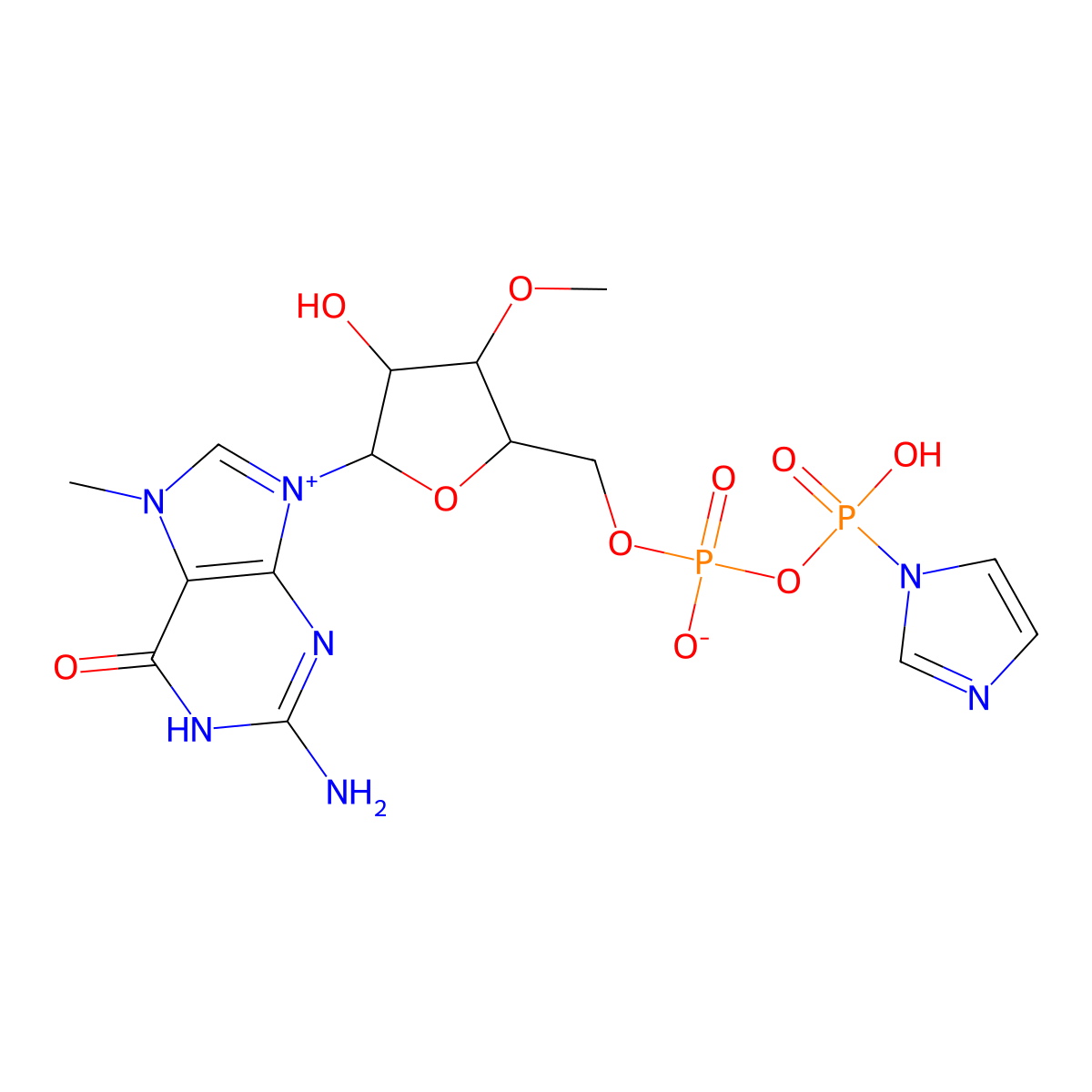 2-Amino-9-((2R,3R,4S,5R)-3-hydroxy-5-(((((hydroxy(1H-imidazol-1-yl)phosphoryl)oxy)oxidophosphoryl)oxy)methyl)-4-methoxytetrahydrofuran-2-yl)-7-methyl-6-oxo-6,9-dihydro-3H-purin-7-ium molecular structure, CAS 2089461-53-8