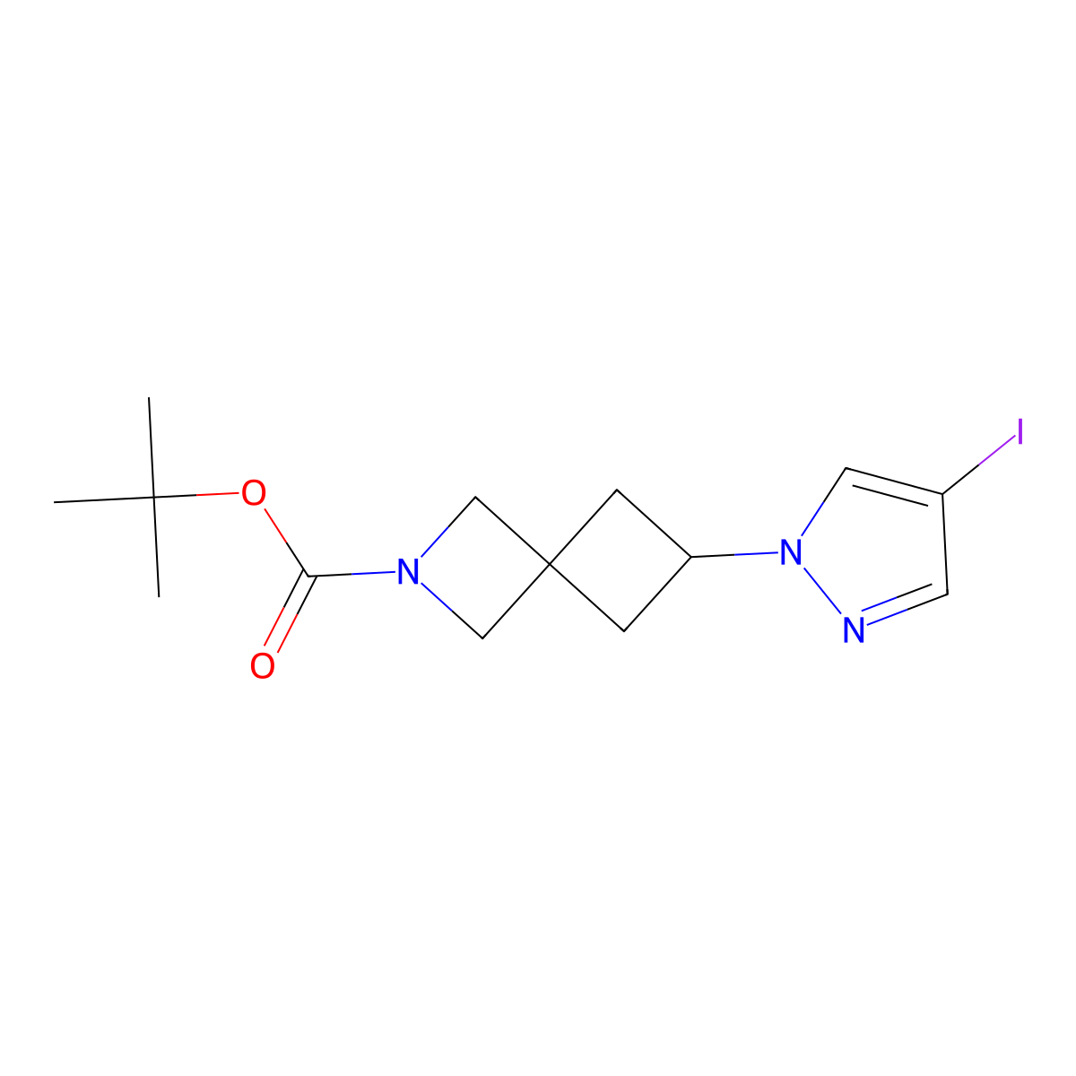 Tert-butyl 6-(4-iodo-1H-pyrazol-1-YL)-2-azaspiro[3.3]heptane-2-carboxylate molecular structure, CAS 2089649-24-9