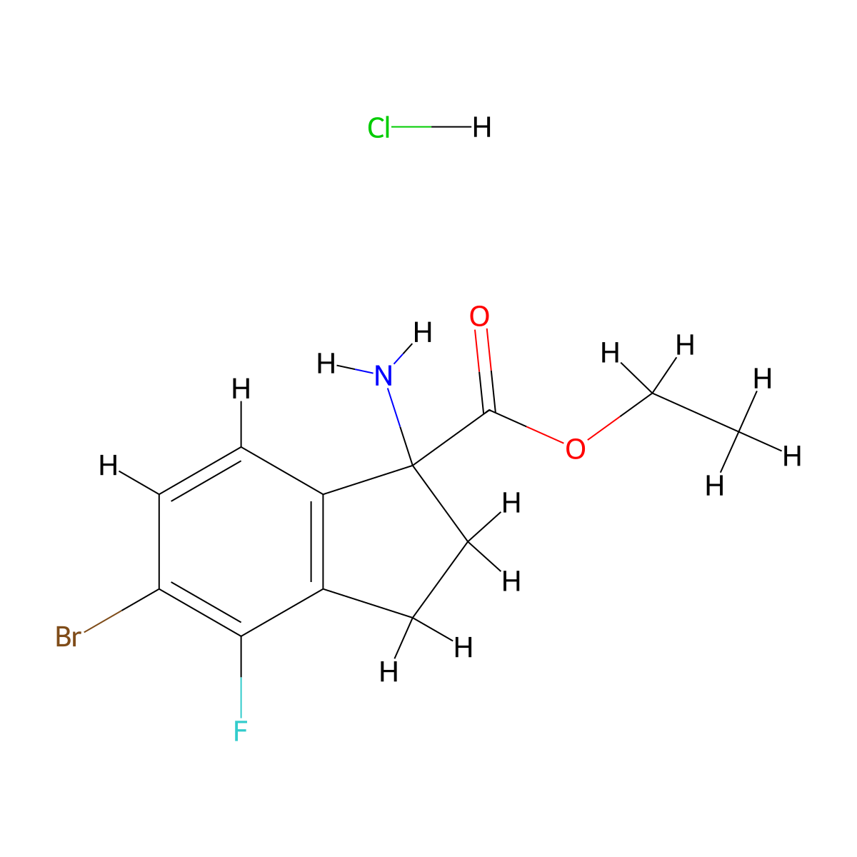Ethyl 1-amino-5-bromo-4-fluoro-2,3-dihydro-1H-indene-1-carboxylate hydrochloride molecular structure, CAS 2089649-44-3