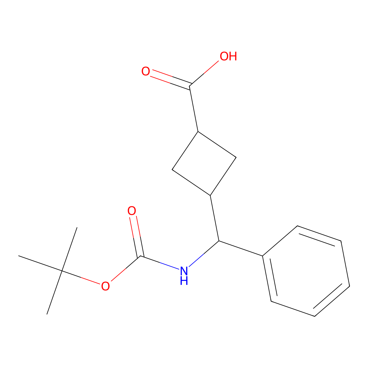 3-(((Tert-butoxycarbonyl)amino)(phenyl)methyl)cyclobutane-1-carboxylic acid molecular structure, CAS 2089649-66-9