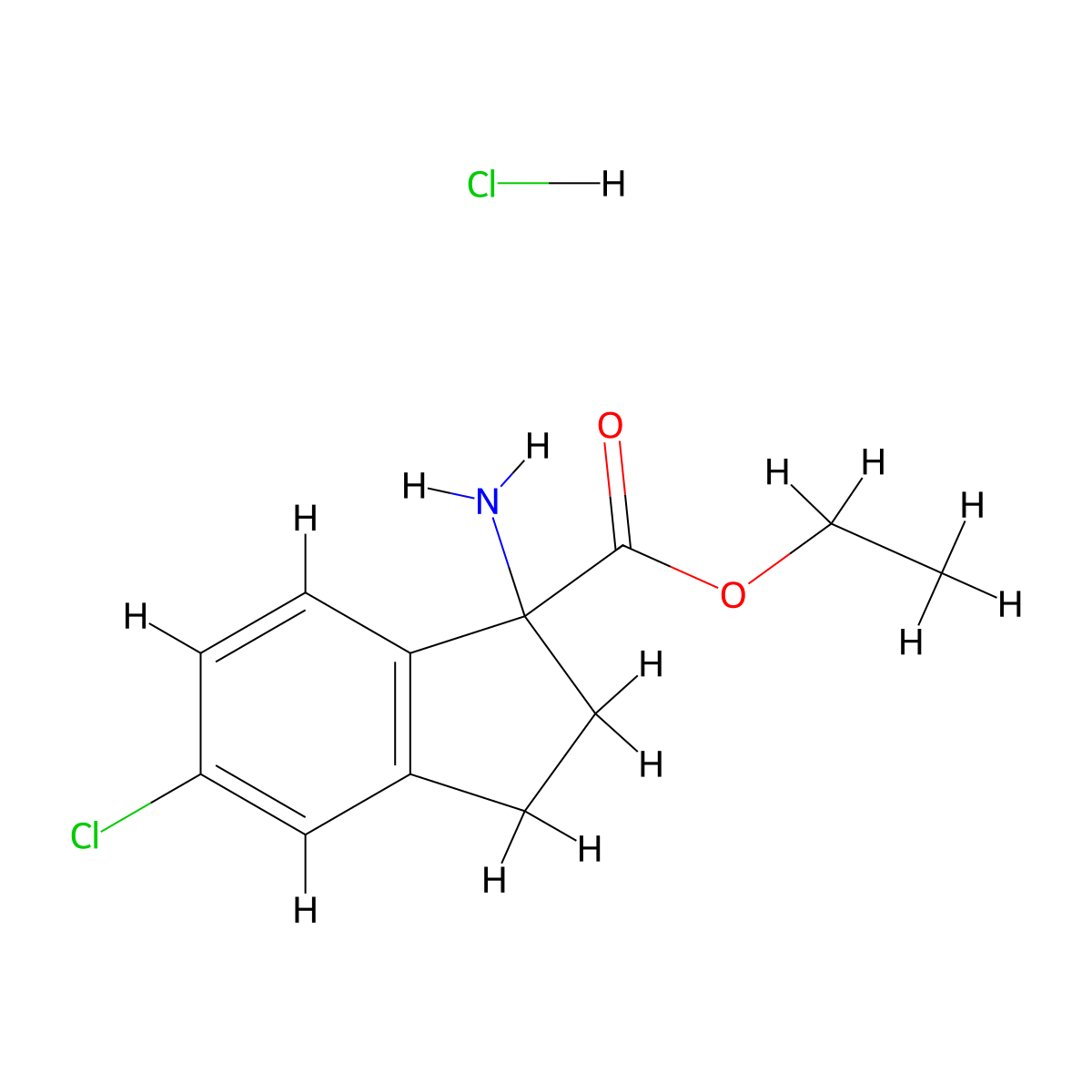 Ethyl 1-amino-5-chloro-2,3-dihydro-1H-indene-1-carboxylate hcl molecular structure, CAS 2089650-25-7
