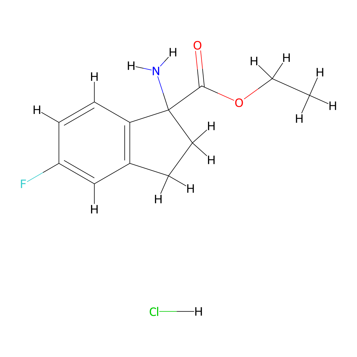 Ethyl 1-amino-5-fluoro-2,3-dihydro-1H-indene-1-carboxylate hcl molecular structure, CAS 2089650-65-5