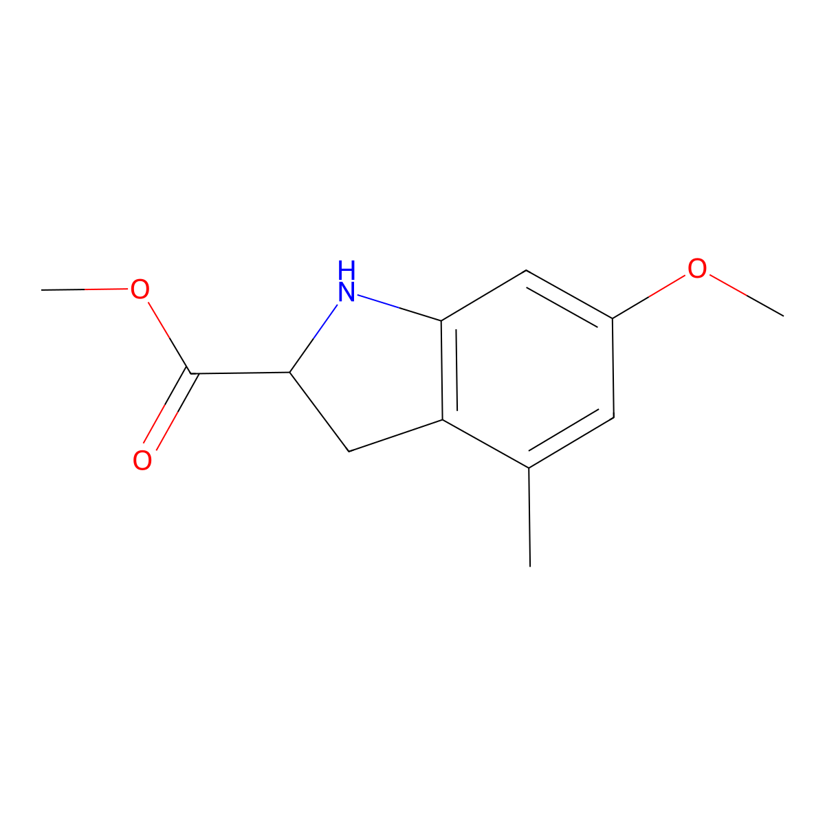 methyl 6-methoxy-4-methyl-2,3-dihydro-1H-indole-2-carboxylate molecular structure, CAS 2089675-30-7