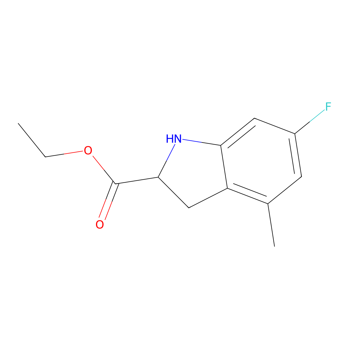 Ethyl 6-fluoro-4-methyl-2,3-dihydro-1H-indole-2-carboxylate molecular structure, CAS 2089702-64-5