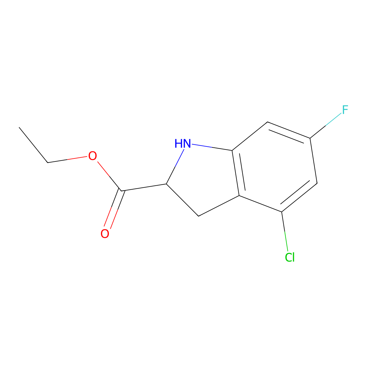 Ethyl 4-chloro-6-fluoro-2,3-dihydro-1H-indole-2-carboxylate molecular structure, CAS 2089703-54-6